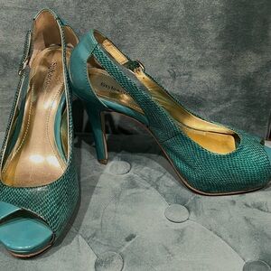 Teal Style & Co Patterned Open Toe Pumps (Silver Buckle)